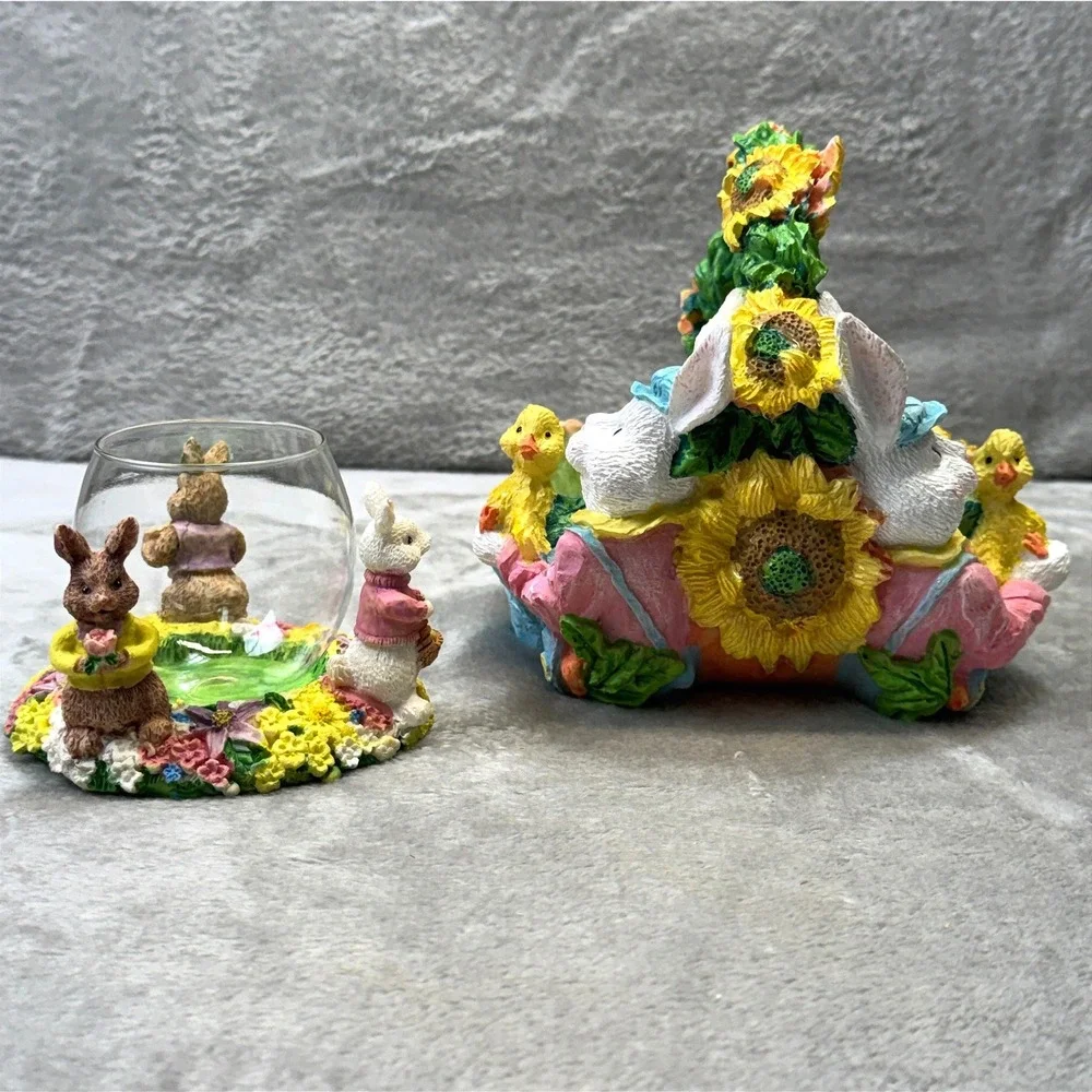 Easter Bunny Sunflower Resin Basket and Votive Candle Holder‎ Spring Lot 2 Vtg.